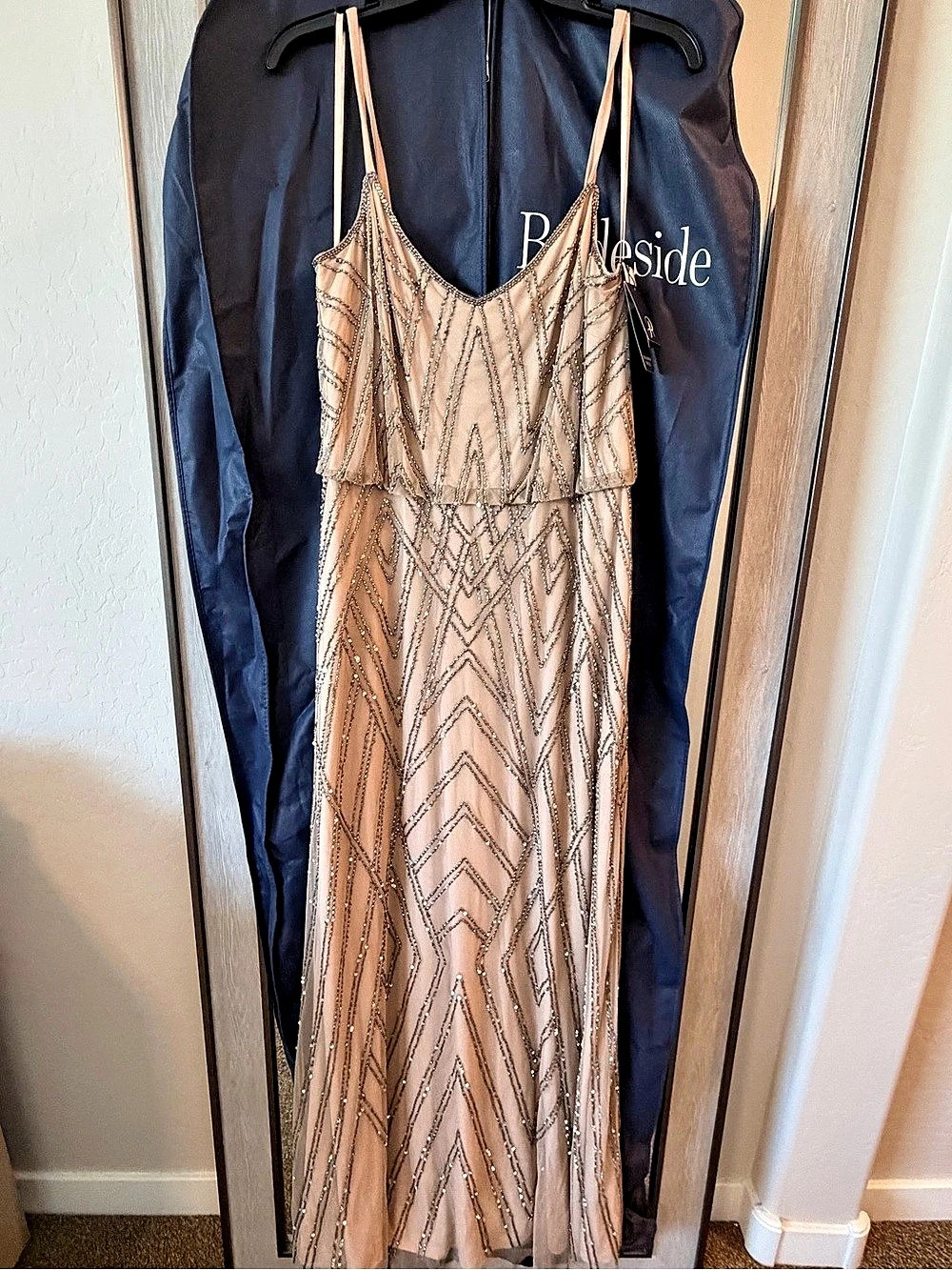 NWT Adrianna Papell Beaded Blouson Gown Taupe Pink/Nude Size 18